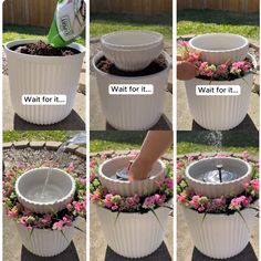 four pictures showing how to make a flower pot fountain with water and flowers in it