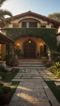 a large house with lots of greenery on the front door and walkway leading up to it