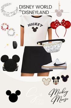 a woman wearing mickey mouse ears and skirt with accessories in front of her, including a t - shirt that says disney world's d'disneyland