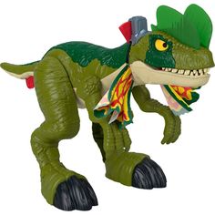 the toy dinosaur is wearing a green hat