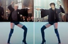 two pictures of harry potter, one with her leg in the air and another with her arm out