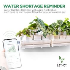 a person holding a cell phone next to a plant shelf with plants in it and the text water shortage reminderer