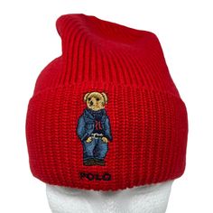 Polo Ralph Lauren Casual Polo Bear Knit Beanie Hat Size: One Size Color: Red New With Tags An Embroidered Casual Polo Bear Adds A Playful Touch To This Cozy Knit Hat. * Seamed Crown * 3" Fold-Over Cuff * Length When Folded: 9". Width At Crown: 8" * Materials: 50% Acrylic, 30% Nylon, 20% Wool Red Knitted Beanie For Winter, Red Knitted Winter Beanie, Red Wool Winter Hat, Red Knit Winter Hat, Red Casual Winter Hat, Casual Red Winter Hat, Red Knit Casual Beanie, Classic Red Winter Hat, Fitted Red Casual Hat