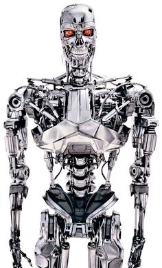 a silver robot with red eyes standing in front of a white background and looking at the camera