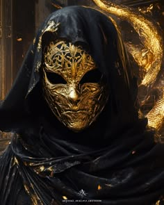 a person wearing a gold mask and black cloak