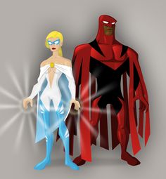 two cartoon characters standing next to each other in front of a gray background with light coming from behind them