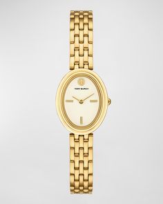 Find TORY BURCH Oval -tone Stainless Steel Watch on Editorialist. Tory Burch oval analog watch Goldtone stainless steel case White dial with baton indices Logo text and double T at 12 o'clock Bracelet strap with butterfly double T closure Twohand quartz movement Spot clean Made in Japan Clock Bracelet, Tory Burch Watch, Fall 24, Melting Pot, Logo Text, Analog Watch, Two Tone Watch, Gift List, White Dial