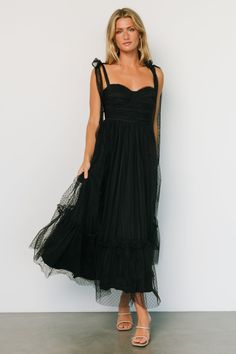 Mavani Swiss Dot Tulle Maxi Dress | Black Boho Black Tie Wedding Guest, Shoes To Wear With Maxi Dress In Fall, Summer Black Tie Wedding Guest Dress Formal, Formal A Line Dresses, Black Dresses For Wedding Guest, Black Tie Optional Wedding Guest Dress Summer, Black Bridesmaid Dresses With Colorful Flowers, Black Wedding Guest Dress Summer, Black Formal Wedding Guest Dress