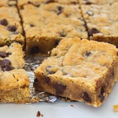 chocolate chip cookie bars are cut into squares