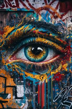 an eye painted on the side of a building with lots of graffiti all over it