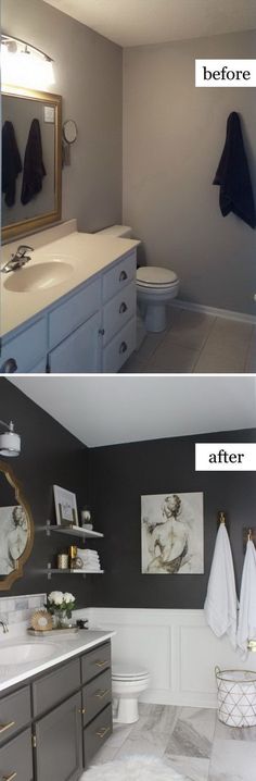 before and after photos of a bathroom remodel with white cabinets, gray countertops, and grey walls