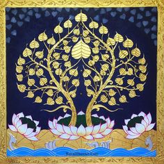 an intricately decorated tree with lotuses and leaves on it's sides in blue, gold and white colors