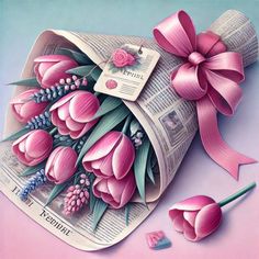 a painting of pink tulips on top of a news paper with a bow