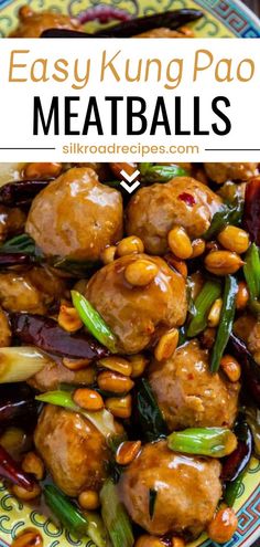 a plate with meatballs and vegetables on it, in front of the words easy kunng pao meatballs