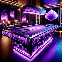 a pool table is lit up with purple lights and crystal stones on the bottom shelf