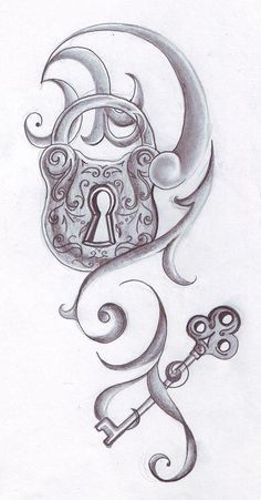 a drawing of a lock and key with swirly designs on the body, behind which is a crescent moon