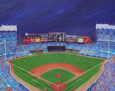 an oil painting of a baseball field at night