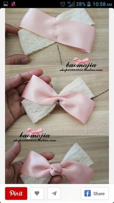 the instructions for how to make a bow tie with lace and ribbon on it are shown in three different ways