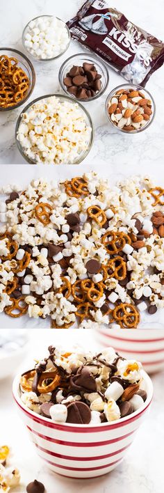 several bowls filled with different types of snacks