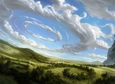 an artistic painting of clouds in the sky over a green field with trees and grass