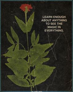 an old book with a flower on the cover and a quote written below it that reads learn enough about anything to see the magic in everything