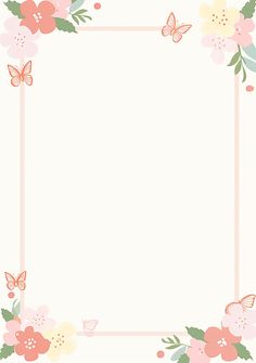 a square frame with flowers and butterflies on the edges, in pastel pink tones