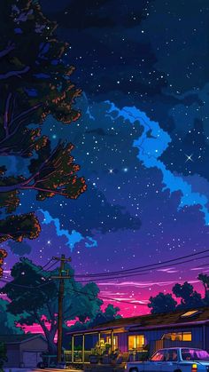 the night sky is full of stars and there are cars parked on the side of the road