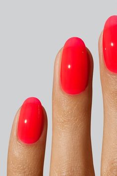 Slurp up this juicy, jelly colour that is oh so right. Inspired by the mouthwatering treat you know and love. A translucent bright orange-pink. Cherry Jello Nails, Cherry Red Jelly Nails, Pink Red Nail Color, Orange Fingernails, Cherry Pink Nails, Coral Red Nails, Jelly Manicure, Red Pink Nails, Pink Red Nails