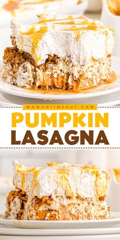 A no-bake pumpkin dessert lasagna for your Thanksgiving dinner party! It's an easy Thanksgiving dessert you can make ahead. Layered with ginger snap crust, mousse, pudding, and whipped topping, this pumpkin lasagna is a showstopper! Save this easy pumpkin recipe! Pumpkin Lasagna Dessert, Lasagna Dessert, Dessert Lasagna, Pumpkin Lasagna, Bake Easy, Pumpkin Pudding, Pumpkin Chocolate Chip Bread