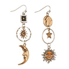 PRICES MAY VARY. [Sun Moon Earrings] -These moon star earrings feature a vintage design for a unique and artistic look. The left and right earrings are different and the asymmetrical design adds personality and fun, allowing you to exude unique charm in different occasions. [Perfect Gift] - It is a good gift for female friends, so that they can get more natural energy empowered, can let them get more confidence and energy, suitable for all occasions. [Earrings Size] - The dimensions of these dan Unique Dangle Earrings With Sun And Moon Design, Unique Sun And Moon Dangle Earrings, Unique Sun And Moon Design Dangle Earrings, Vintage Moon Shaped Earrings, Unique Sun And Moon Design Drop Earrings, Vintage Moon Earrings For Gift, Vintage Moon-shaped Earrings For Gift, Vintage Moon Shaped Earrings For Gift, Vintage Moon-shaped Metal Earrings