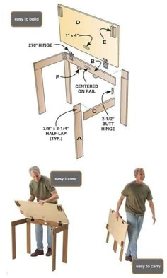 a man is standing next to a wooden table with instructions on how to build it