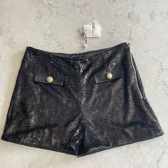 Shimmery High Waisted Sequin Shorts With Vegan Leather Faux Pockets. Fully Lined. Black In Color With Gold Statement Buttons. 95% Polyester And 5% Spandex Size 8 Waist 15.5” Rise 3” New With Tags! Retail $215 Fitted Party Bottoms With Short Inseam, Fitted Bottoms With Short Inseam For Party, Black High-waisted Shorts For Formal Occasions, Chic High Waist Formal Shorts, Fitted Party Bottoms With Built-in Shorts, Glamorous Fitted Black Bottoms, Black Party Bottoms Short Inseam, Black Party Bottoms With Short Inseam, Fitted High-waisted Shorts For Evening