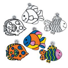 four different colored fish on a white background