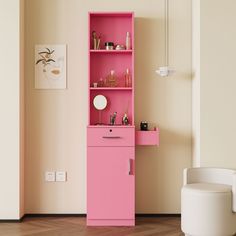 a pink cabinet in the corner of a room