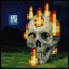 a pixellated image of a skull with fire coming out of it's head