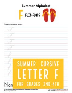 summer cursive letter f worksheet for 2nd - 4th grade students with flip flops