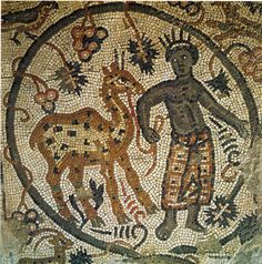 an ancient mosaic with a man holding a horse in it's right hand and another animal on the other side