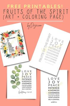 the free printables for fruits of the spirit art and coloring page are shown