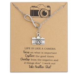 PRICES MAY VARY. Photographer Gift - Life is like a camera Focus on what is Important Capture the Good Times Develop from the Negative And if things don’t work out Take Another Shot. Stainless steel Y necklace length: 12.7"(32.5cm) It is easy to adjust based on neck size to get a comfortable wearing experience. Pendant- Alloy. It is lead free and nickel free, hypo allergenic, it doesn’t rust, change colour or tarnish. Graduation gifts, Travel gifts, Friendship gifts, Mother's Day gifts, coworker Wedding Photographer Gift, Thank You Baskets, Life Is Like A Camera, Wedding Camera, Gift Photography, Gifts Photography, Teachers Day Gifts, Photographer Gifts, Bridal Party Gifts