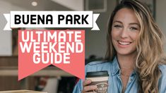 a woman holding a cup of coffee in her hand and the words ultimate weekend guide