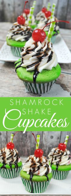 green cupcakes with chocolate and cherries on top