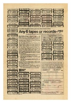 an old newspaper article with many tapes or records on it's front page, dated in black and white