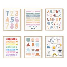 four posters with different numbers and shapes on them, one is for the child's room