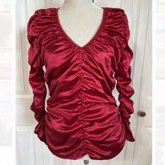 95% Polyester 5% Spandex 36” Chest 24” Length Fitted Ruched Red Blouse, Spring Red Ruched Blouse, Red Ruched Blouse For Spring, New York Woman, Hot Pink Tops, Maroon Blouse, New York Red, Fall Blouse, Ruffle Sleeve Blouse