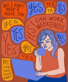 a drawing of a woman sitting in front of a laptop with words written on it