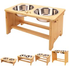 the elevated dog bowl stand has three bowls on it