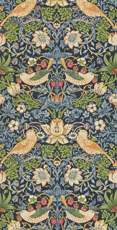 an intricately designed wallpaper with birds and flowers in blue, green, yellow and red