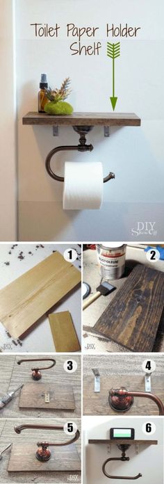 the instructions for how to make a toilet paper holder shelf from scrap wood and metal