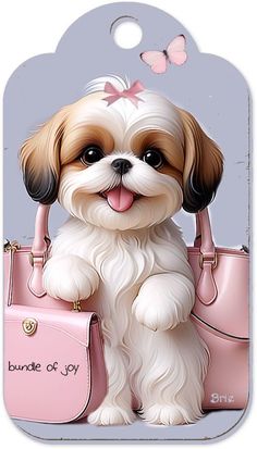 a cute little dog with a pink purse