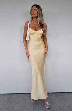 It's Not The Same Maxi Dress Lemon Beginning Boutique Hoco Dresses, Yellow Maxi Dress Wedding, Strapless Yellow Prom Dress, Light Yellow Dress Aesthetic, Hourglass Prom Dress, Light Yellow Satin Dress, Strapless Silk Prom Dress, Yellow Silk Maxi Dress, Bachelorette Guest Outfit